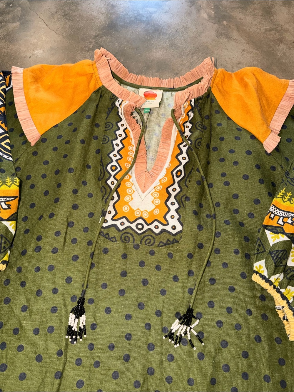FARM Rio Denilson Baniwa Linen Shift Dress XXS Oversized Raffia Tassel Fringe - Picture 2 of 13